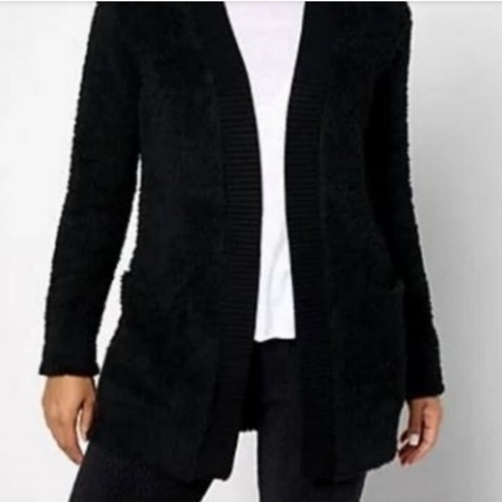 BAREFOOT DREAMS Cozy Chic Ribbed Knit Trim Cardigan Sweater Coat Black 1X - Picture 2 of 12
